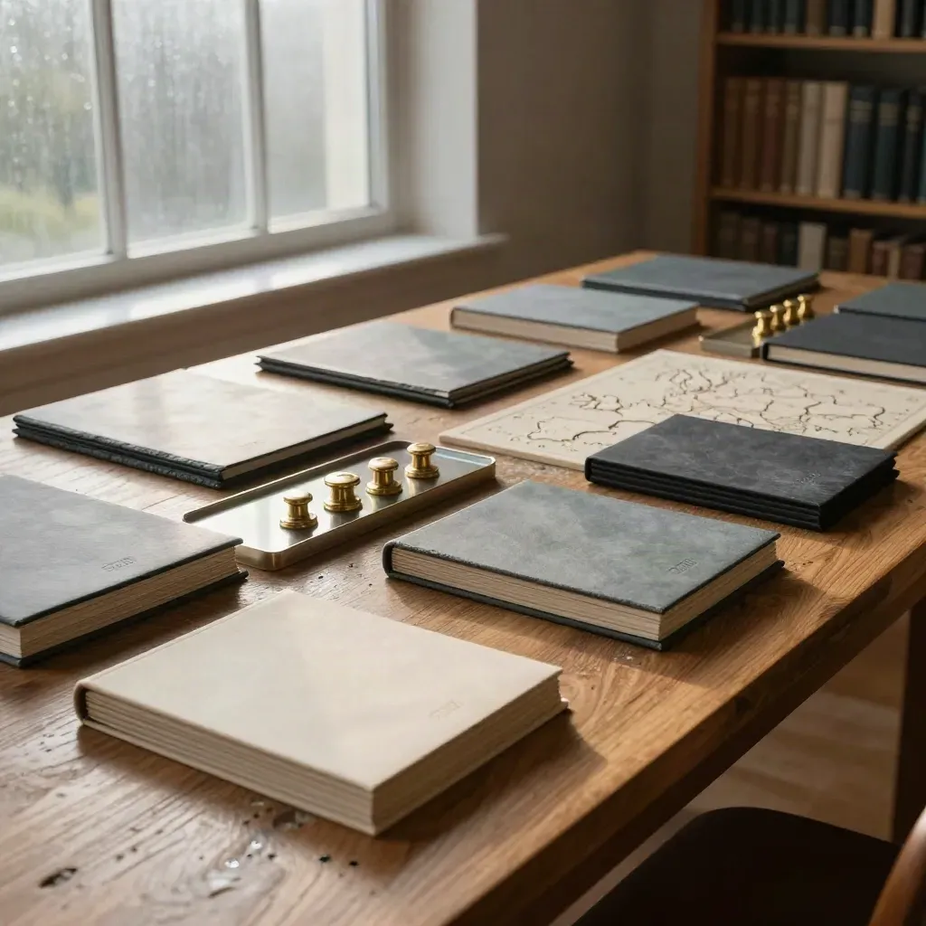 Bond library still life with folios, brass weights, Europe relief map and warm oak table.