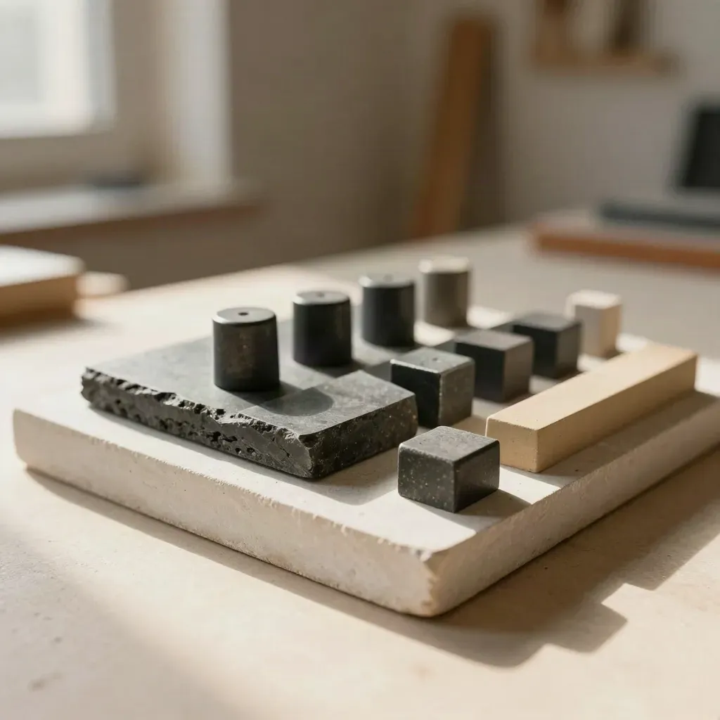 Matte weights, graphite bar and stop block on pale plaster in warm daylight.