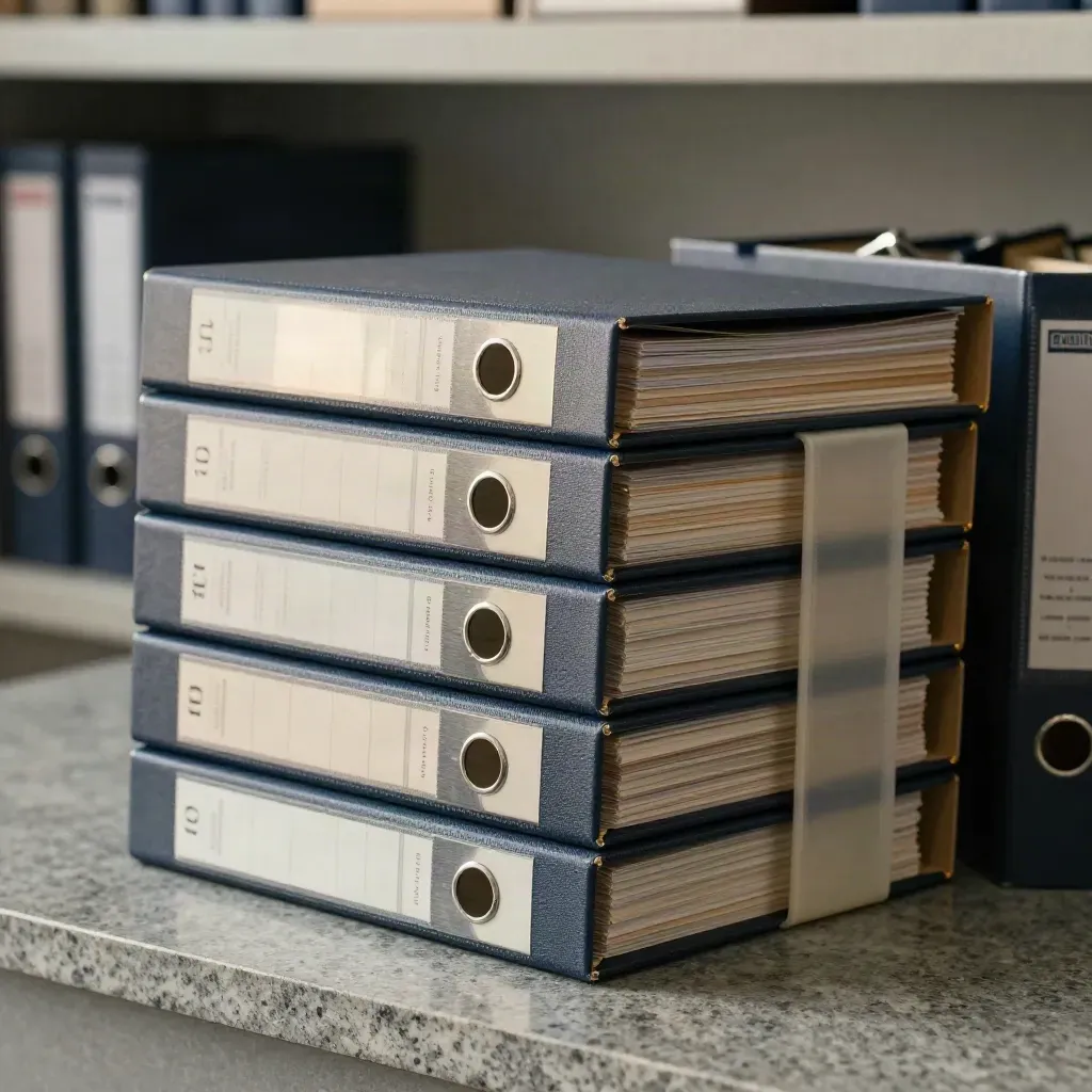 Sealed issuer binders and a pale divider tray on stone, showing a refined treasury selection.