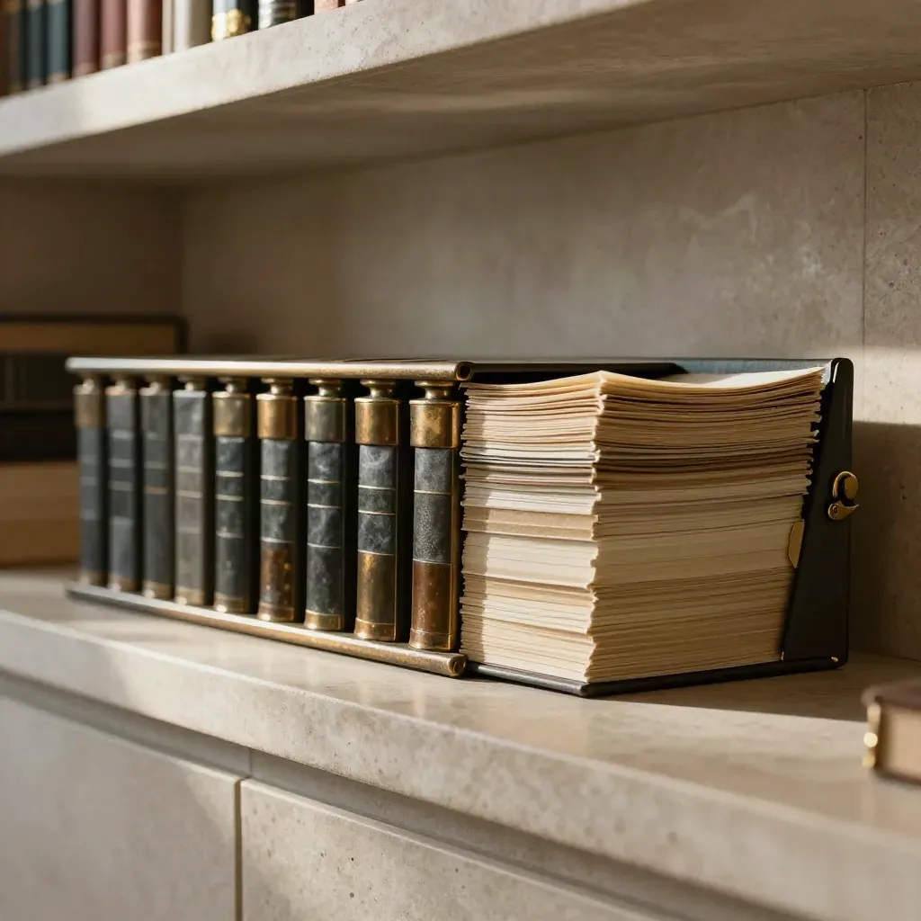 Bronze bond binders and slate weights on stone, lit low in a quiet archive room.
