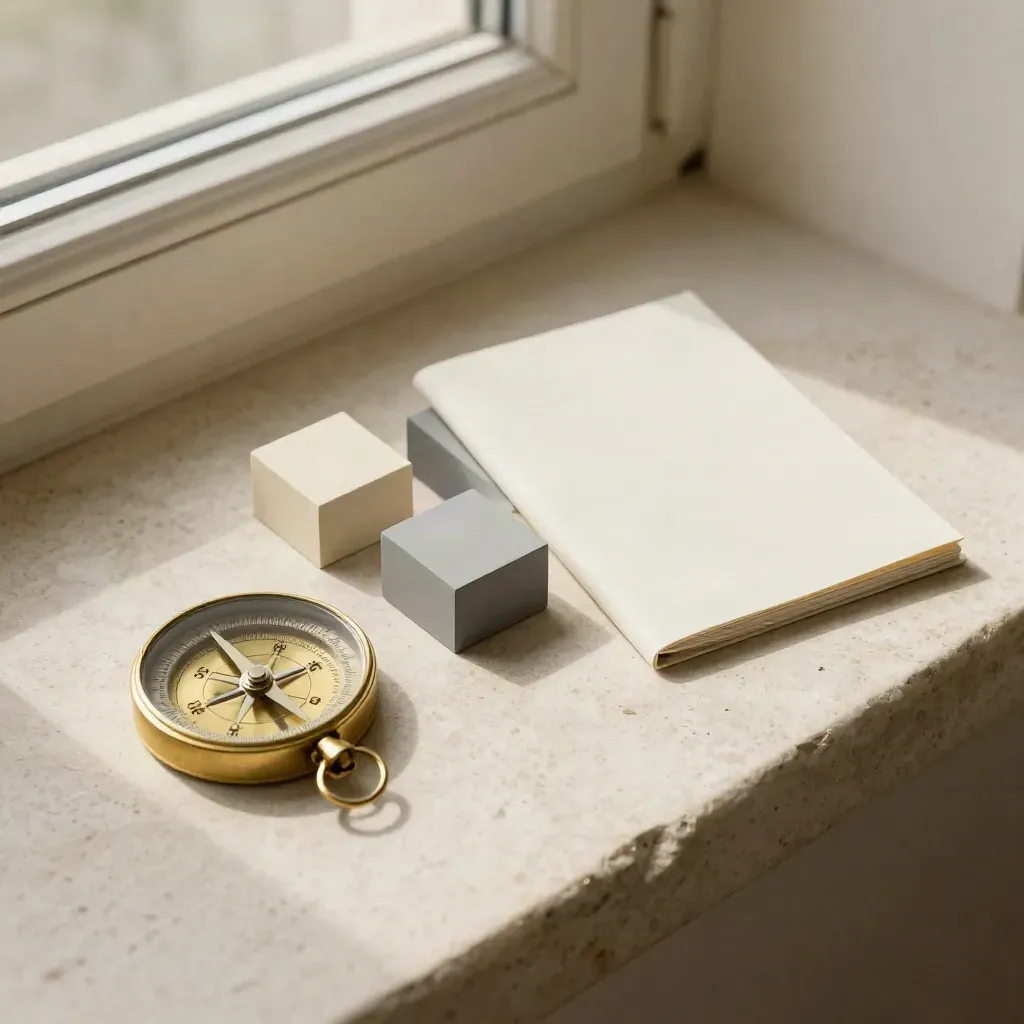 Brass compass disc, neutral blocks and folded sleeve on a stone sill in soft daylight.